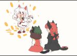  3girls :d animal_ears animal_hands bell braid cat_ears cat_tail chen claws coin commentary extra_ears facing_another fang gloves goutokuji_mike grey_background kaenbyou_rin letterboxed mizuga motion_lines multiple_girls multiple_tails nekomata paw_gloves paw_print pointy_ears red_hair simple_background sitting smile sparkle symbol-only_commentary tail touhou two_tails v-shaped_eyebrows white_hair 