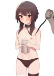  1boy 1girl ass_visible_through_thighs bandaged_leg bandages bangs blush breasts brown_hair brown_panties brown_thighhighs closed_mouth collar collarbone cum cum_in_container cum_in_cup cup embarrassed highres holding holding_cup holding_leash kono_subarashii_sekai_ni_shukufuku_wo! leash megumin miga_(migao) navel nipples panties red_eyes short_hair_with_long_locks sidelocks single_thighhigh small_breasts sweat thighhighs underwear white_background 