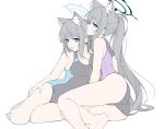  2girls absurdres alternate_costume animal_ear_fluff animal_ears ass bangs blue_archive blue_eyes breasts collarbone competition_swimsuit cross_hair_ornament dark_halo extra_ears grey_hair hair_ornament halo hand_on_own_thigh highres light_blush long_hair looking_at_viewer masabodo medium_breasts medium_hair mismatched_pupils multiple_girls official_alternate_costume on_floor one-piece_swimsuit parted_lips ponytail profile shiroko_(blue_archive) shiroko_(swimsuit)_(blue_archive) shiroko_(terror)_(blue_archive) sidelocks simple_background sketch swimsuit thighs white_background wolf_ears 