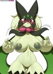 4_fingers anthro areola biped blush breasts cooliehigh eyelashes female fingers front_view generation_9_pokemon genitals hi_res meowscarada nintendo nipples pink_eyes pokemon pokemon_(species) pussy solo wavy_mouth 