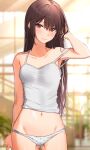  1girl absurdres arm_behind_back armpits ass_visible_through_thighs blurry blurry_background blush breasts brown_hair camisole closed_mouth clothes_lift collarbone commentary cowboy_shot groin hair_between_eyes hand_in_own_hair highres kuro_imu long_hair looking_at_viewer medium_breasts navel original panties panty_pull polka_dot polka_dot_panties red_eyes shirt_lift smile solo standing stomach straight_hair strap_slip sunlight underwear white_camisole white_panties 
