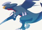  absurdres black_sclera chromatic_aberration claws closed_mouth colored_sclera dorsal_fin film_grain garchomp highres no_humans pokemon pokemon_(creature) saiku_(zvlku) sharp_teeth simple_background solo standing teeth white_background yellow_eyes 