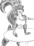  2018 anthro bottomwear brianna_jackson chin_piercing claws clothing ear_piercing ear_ring fangs female fur furniture hair half-closed_eyes hi_res leaning leaning_forward looking_at_viewer mammal marcushunter markings mephitid mole_(marking) name_tag narrowed_eyes navel open_mouth piercing raised_tail ring_piercing shirt shorts signature skunk smile smiling_at_viewer solo table tail tank_top teeth tongue tongue_piercing topwear 