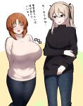  2girls armorganger arms_behind_back bangs black_pants black_ribbon black_sweater blue_pants blush breast_conscious breasts brown_eyes brown_hair commentary girls_und_panzer grey_sweater hair_ribbon hand_on_own_arm height_difference highres huge_breasts light_brown_hair long_hair looking_at_another multiple_girls nishizumi_miho notice_lines one_side_up open_mouth pants ribbon shimada_arisu short_hair smile sweatdrop sweater translated turtleneck turtleneck_sweater 