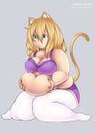  animal_humanoid belly big_breasts blonde_hair blue_eyes breasts cat_humanoid choco_(pixiveo) cleavage clothed clothing felid felid_humanoid feline feline_humanoid female green_eyes hair heterochromia hi_res holding_belly humanoid mammal mammal_humanoid navel overweight overweight_female overweight_humanoid pixiveo signature simple_background sitting solo tail text thick_thighs weight_gain 