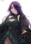  1girl absurdres aurora_(kage_no_jitsuryokusha_ni_naritakute!) black_dress black_gloves breasts cleavage_cutout clothing_cutout commentary_request dress eyes_visible_through_hair gloves hair_over_one_eye highres jewelry kage_no_jitsuryokusha_ni_naritakute! large_breasts lips long_hair long_sleeves looking_at_viewer mole mole_under_mouth necklace pink_lips purple_eyes purple_hair reaching_towards_viewer senegalus_c simple_background solo twitter_username white_background 