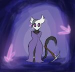  anthro black_body cloak clothing crystal hollow_knight horn looking_at_viewer male pickaxe piekiller purple_cloak purple_eyes standing tail team_cherry vessel_(species) 