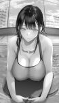  1girl absurdres armpit_crease bangs bare_shoulders blush breasts cleavage gentsuki goggles goggles_around_neck greyscale highres large_breasts long_hair looking_at_viewer monochrome original parted_lips pool sidelocks smile solo water wet 