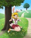  1girl animal_ears blonde_hair fake_animal_ears highres kise_yayoi long_hair official_art one_eye_closed precure precure_connection_puzzlun rabbit_ears rabbit_tail red_shorts shoes shorts sitting smile_precure! sneakers socks solo suspenders tail third-party_source tree wariza yawning yellow_eyes yellow_footwear 