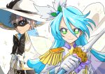  2boys absurdres belt black_bow black_pepper_(precure) blue_eyes blue_hair bow cape cure_waffle delicious_party_precure domino_mask epaulettes green_eyes grey_hair hair_ornament hat_feather high_collar highres holding holding_wand kirakira_precure_a_la_mode long_hair magical_boy male_focus mask multiple_boys pikario_(precure) precure shinada_takumi smile tsukikage_oyama wand white_bow white_headwear 