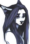  anthro artist_name bust_portrait clothing ear_tuft eyelashes felid female hair hi_res inner_ear_fluff long_hair looking_down mammal monochrome mouth_closed narrowed_eyes portrait simple_background solo topwear tuft unknowhiter 