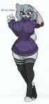  anthro big_breasts biped blush breasts clothing disney english_text female full-length_portrait hi_res lagomorph legwear leporid mammal pace-maker portrait rabbit small_waist solo sweater text thick_thighs thigh_highs topwear violet_hopps wide_hips zootopia 