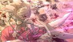  1boy blonde_hair blood blood_from_eyes blood_from_mouth dinosaur fate/grand_order fate_(series) fighting gun highres holding holding_gun holding_weapon kankan33333 spoilers tezcatlipoca_(child)_(fate) vucub_(fate) weapon 