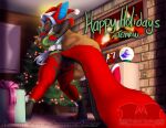  anthro anus black_body black_fur blue_body blue_eyes blue_skin bottomwear cameo caught christmas clothing costume digital_media_(artwork) elf fireplace fur furry genitals gift grey_blue_hair holidays humanoid inside invalid_tag looking_at_viewer micro mishap nsfw pants pinup plant portrait pose pussy red_body red_fur santa_claus snow_globe tail temrin temrin_sanjem torn_clothing tree ych 
