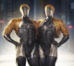  2023 absurd_res astrocat atomic_heart blonde_hair bulge clothed clothing cropped_jacket crossgender duo faceless_character hair hi_res humanoid jacket machine male metallic_body muscular muscular_humanoid muscular_male not_furry open_clothing open_jacket open_topwear robot robot_humanoid russian russian_text text the_twins_(atomic_heart) tight_clothing topwear yellow_clothing yellow_jacket_(clothing) yellow_topwear 
