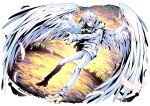  1boy accelerator_(toaru_majutsu_no_index) albino ambiguous_gender androgynous angel angel_wings bangs closed_mouth cloud diagonal_stripes feathered_wings feathers floating forest from_side full_body fur-trimmed_jacket fur_trim head_tilt highres hopetrash555 jacket light_smile messy_hair nature official_alternate_costume outstretched_arms pale_skin pants red_eyes sanpaku shadow short_hair signature snow solo solo_focus striped sunlight sunset toaru_majutsu_no_index white_footwear white_hair white_jacket white_pants white_wings wide_shot wings yellow_background 