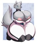  2022 absurd_res anthro big_breasts black_nose blue_eyes bodysuit breasts canid canine canis clothing female fur grey_body grey_fur hi_res kitsuneten mammal nipples open_mouth pink_nipples skinsuit skye_(hotbeveragedog) solo thick_thighs tight_clothing unzipped_bodysuit wide_hips wolf 