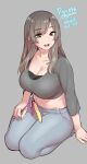  1girl agawa_ryou bangs blue_pants breasts brown_eyes brown_hair cleavage grey_background grey_shirt large_breasts long_hair low_neckline midriff navel open_mouth original pants seiza shirt sitting solo 