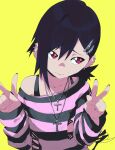  1girl aetherion black_hair chainsaw_man closed_mouth cross cross_necklace double_v gothic hair_ornament higashiyama_kobeni highres jewelry knife_hair_ornament looking_to_the_side necklace red_eyes shirt simple_background solo striped striped_shirt upper_body v yellow_background 