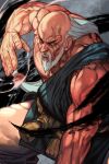  1boy bald beard brown_eyes facial_hair feet_out_of_frame gouken hungry_clicker long_hair muscular muscular_male mustache old old_man parted_lips pectorals rope scar scar_on_face scar_on_forehead solo street_fighter street_fighter_iv_(series) veins veiny_arms white_hair 