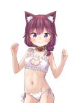  1girl animal_collar animal_ears bangs black_collar bra breasts brown_hair cat_cutout cat_ear_panties cat_ears cat_lingerie cleavage_cutout clothing_cutout collar cowboy_shot drill_hair frilled_bra frills groin highres kemonomimi_mode kuramoto_takato looking_at_viewer machikado_mazoku medium_hair meme_attire navel one_eye_closed panties purple_eyes side-tie_panties simple_background small_breasts smile solo standing underwear w_arms white_background white_bra white_panties yoshida_ryouko 