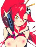  1girl aetherion bare_shoulders between_breasts breasts closed_mouth gun hair_ornament highres long_hair looking_at_viewer nipples red_hair simple_background sketch skull_hair_ornament smile solo tengen_toppa_gurren_lagann upper_body weapon white_background yellow_eyes yoko_littner 