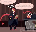  angry birthmark black_tie_(suit) blitzo_(helluva_boss) boots butt clipboard clothing demon desk duo footwear freckles furniture helluva_boss horn imp male markings moxxie_(helluva_boss) red_body red_skin shaking_butt spade_tail speech_bubble suit table wetwaffls 