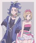  1boy 1girl adaman_(pokemon) arm_wrap arms_at_sides bangs blonde_hair blue_coat blue_eyes blue_hair blush bracelet breasts cleavage clenched_hand closed_mouth coat collar collarbone green_hair hairband hand_on_hip highres irida_(pokemon) jewelry looking_at_another multicolored_hair open_clothes open_coat pokemon pokemon_(game) pokemon_legends:_arceus remoooon sash shirt short_hair shorts strapless strapless_shirt waist_cape 