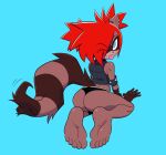  5_toes anthro blep blue_background brose_(giselleandvivian) butt clothing feet female foot_focus hair humanoid_feet kneeling mammal one_eye_closed panties plantigrade procyonid raccoon red_hair shelfi simple_background soles solo thong toes tongue tongue_out underwear wink 