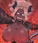  1girl andro_juniarto black_horns black_shirt breasts chain cleavage clenched_teeth collarbone collared_shirt dark-skinned_female dark_skin demon_girl demon_horns fire floating_hair hand_on_hip helltaker highres horns huge_breasts judgement_(helltaker) long_sleeves looking_to_the_side open_clothes open_shirt outstretched_arm ponytail red_background shirt sweat teeth upper_body white_hair 