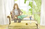  2girls black_pants brown_hair coffee_table couch curtains day dengshuyu multiple_girls pants pantyhose skirt sleeping table tree vase white_pantyhose window yuri 