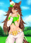  1girl ;d absurdres animal_ears arm_strap blue_eyes blue_sky brown_hair choker cloud commentary_request cowboy_shot crop_top day green_shirt hair_between_eyes hair_ornament hairclip hat highres horse_ears long_hair long_sleeves looking_at_viewer m172/minatsu midriff mini_hat mini_top_hat mr._c.b._(umamusume) navel one_eye_closed open_mouth own_hands_together pants shirt single_bare_shoulder single_sleeve sky smile solo standing stomach strapless strapless_shirt thighs top_hat umamusume very_long_hair white_headwear white_pants yellow_choker 
