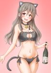  1girl animal_ears anti_(untea9) bangs bell black_bra blush bottle bra breasts brown_eyes cat_cutout cat_ears cat_tail cleavage clothing_cutout collarbone cowboy_shot grey_hair hair_between_eyes highres holding holding_bottle jingle_bell kantai_collection long_hair navel open_mouth panties pola_(kancolle) red_panties smile solo tail underwear 