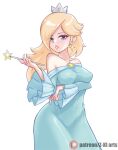  1girl arm_under_breasts blonde_hair blue_dress blue_eyes dress highres holding holding_wand long_hair mario_(series) rosalina simple_background wand watermark white_background z-ki 