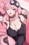  1girl absurdres bangs bare_shoulders black_choker black_dress blunt_bangs breasts choker cleavage collarbone dress highres hololive hololive_english large_breasts long_hair looking_at_viewer lying mori_calliope o22no on_side one_eye_closed open_mouth pink_eyes pink_hair solo virtual_youtuber 