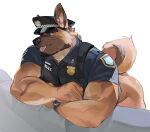  2023 anthro beard bent_over bottomless brown_body brown_fur butt canid canine canis clock clothed clothing crossed_arms domestic_dog english_text facial_hair facial_scar fur german_shepherd herding_dog hi_res looking_at_viewer male mammal muscular muscular_male pastoral_dog police police_hat police_officer scar seatohao solo tail text tongue tongue_out uniform watch wristwatch 