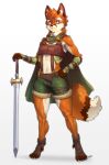  2023 absurd_res anthro belt bottomwear canid canine clothing digital_media_(artwork) fox fur green_bottomwear green_clothing green_shorts hi_res holding_object holding_weapon hotpants inner_ear_fluff male mammal melee_weapon pgm300 shorts sword tuft weapon 