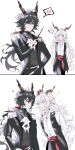  ! 2boys anger_vein arknights arms_behind_back bangs black_hair black_pants black_vest closed_eyes closed_mouth collared_shirt dress_shirt ebenholz_(arknights) grey_hair grey_shirt hair_between_eyes heart highres holding holding_wand horns kreide_(arknights) long_hair male_focus multiple_boys pants purple_eyes rio_(rio773) shaded_face shirt simple_background spoken_anger_vein spoken_exclamation_mark very_long_hair vest wand white_background white_shirt 