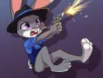  2023 anthro barefoot buckteeth butt cigarette clothed clothing disney feet female fur grey_body grey_fur gun hat headgear headwear hi_res holding_gun holding_object holding_weapon judy_hopps lagomorph leporid mammal multicolored_body multicolored_fur open_mouth purple_eyes rabbit ranged_weapon shooting simple_background siroc solo teeth two_tone_body two_tone_fur weapon white_body white_fur zootopia 