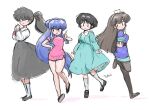  4girls black_footwear black_hair black_skirt blue_hair blush_stickers bow breasts brown_hair full_body fuurinkan_high_school_uniform highres kunou_kodachi kuonji_ukyou long_hair multiple_girls open_mouth ranma_1/2 school_uniform shampoo_(ranma_1/2) short_hair skirt smile tendou_akane wanta_(futoshi) white_bow 