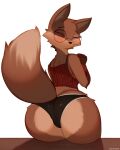  absurd_res anthro big_butt brown_body brown_fur butt canid canine chickhawk96 clothing crop_top eyes_closed eyewear female fluffy fluffy_tail fox fur glasses hi_res looking_at_viewer looking_back looking_back_at_viewer mammal rear_view round_glasses shirt simple_background sitting solo tail topwear underwear white_background 