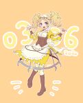  1girl :d apron blonde_hair blue_eyes boots brown_footwear corset dated dress fire_emblem fire_emblem_awakening full_body hair_ornament headdress juliet_sleeves lissa_(fire_emblem) long_sleeves looking_at_viewer miuta open_mouth puffy_sleeves smile solo twintails underbust white_apron yellow_background yellow_dress 