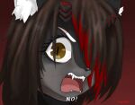  anthro black_hair black_horn broken_horn brown_eyes canid canine canis collar crybitur english_text felid female fur grey_body grey_fur hair hi_res horn hybrid looking_at_viewer mammal open_mouth red_hair red_horn simple_background solo suwyzid teeth text tokai_teio_(pretty_derby) tongue uma_musume_pretty_derby white_body white_fur wolf 