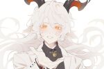  1boy animal_ear_fluff animal_ears arknights bangs black_shirt collared_shirt dress_shirt floating_hair grey_hair hair_between_eyes hand_up horns jacket kreide_(arknights) long_hair looking_at_viewer male_focus open_clothes open_jacket orange_eyes parted_lips rio_(rio773) shirt simple_background smile solo upper_body very_long_hair white_background white_jacket 