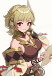  1girl bare_shoulders blonde_hair breasts citrinne_(fire_emblem) feather_hair_ornament feathers fire_emblem fire_emblem_engage gonzarez hair_ornament highres large_breasts looking_at_viewer off_shoulder red_eyes short_hair smile solo upper_body 