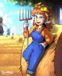  1girl bandana blue_eyes blue_overalls brown_hair daisy_(farmer) earrings gloves hand_in_pocket hay hay_bale highres jewelry long_hair looking_at_viewer mario_(series) mario_kart mario_kart_tour open_mouth orange_shirt outdoors overalls pitchfork princess_daisy raymidius shirt teeth tree upper_teeth_only white_gloves windmill yellow_bandana 