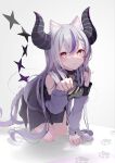  1girl animal_ear_fluff animal_ears black_dress black_horns braid braided_bangs cat_day cat_ears demon_girl demon_horns detached_sleeves dress grey_hair highres hololive horns kneeling la+_darknesss long_hair motoi_(croa76) multicolored_hair on_floor paw_print purple_hair purple_horns purple_sleeves slit_pupils solo streaked_hair striped_horns very_long_hair virtual_youtuber yellow_eyes 