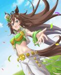  1girl animal_ears arm_strap blue_eyes blue_sky bow breasts brown_hair cloud commentary_request confetti cowboy_shot crop_top day dutch_angle grass green_bow green_shirt hair_ornament hairclip hat hat_bow highres horse_ears large_breasts long_hair midriff mini_hat mini_top_hat mr._c.b._(umamusume) navel open_clothes open_vest pants reaching_towards_viewer shirt sky solo standing stomach strapless strapless_shirt tail top_hat toriyoshi_(mmxn3582) umamusume very_long_hair vest white_headwear white_pants white_vest 