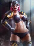  1girl :d adeptus_astartes armor armored_boots artist_name bikini bikini_armor boots breasts cleavage gauntlets hazard_stripes helmet highres iron_warriors lips looking_at_viewer navel open_mouth orange_eyes pauldrons pink_hair power_armor short_hair shoulder_armor signature smile solo space_marine stomach strapless strapless_bikini swimsuit teeth themaestronoob upper_teeth_only warhammer_40k zettai_ryouiki 