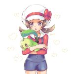  1girl :o blue_overalls brown_hair cabbie_hat chikorita cowboy_shot hat heart holding holding_pokemon long_sleeves lyra_(pokemon) miuta open_mouth overalls pokemon pokemon_(creature) pokemon_(game) pokemon_hgss red_shirt shirt twintails white_background white_headwear 